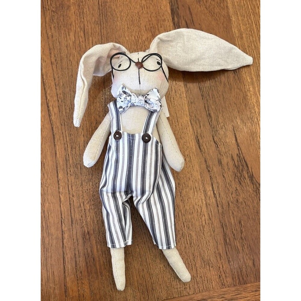 Spring Easter 13.5"" Farmhouse Bunny Boy in Black and White Jumper Doll-NWT